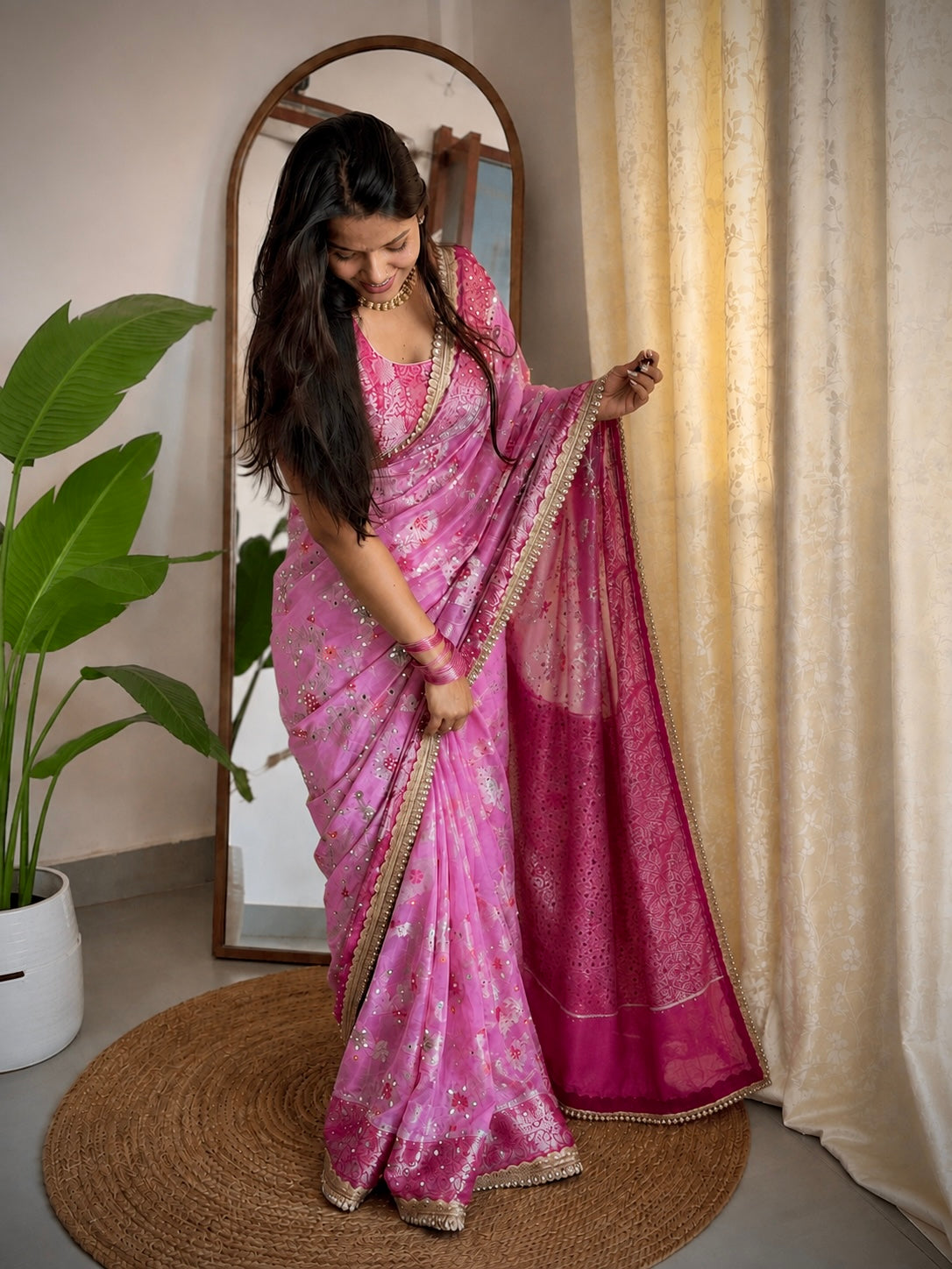 Pink Banarasi Khaddi Georgette Silk Saree