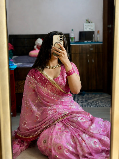 Pink Banarasi Khaddi Georgette Silk Saree