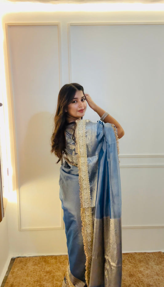 Lavender Blue Banarasi Soft Tissue Silk Saree