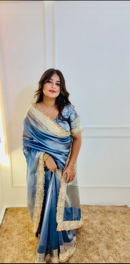 Lavender Blue Banarasi Soft Tissue Silk Saree