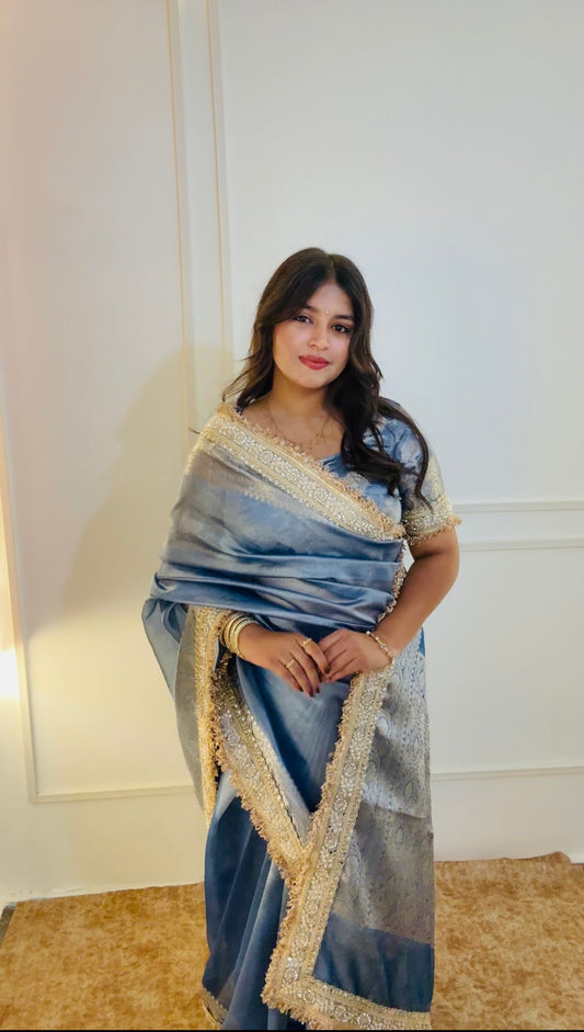 Lavender Blue Banarasi Soft Tissue Silk Saree
