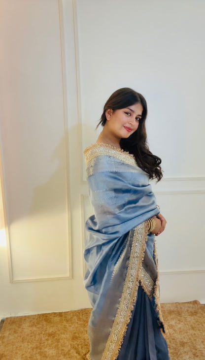 Lavender Blue Banarasi Soft Tissue Silk Saree