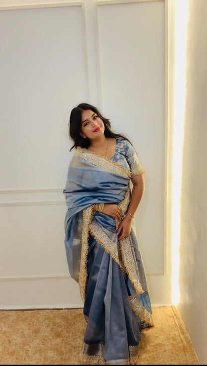 Lavender Blue Banarasi Soft Tissue Silk Saree