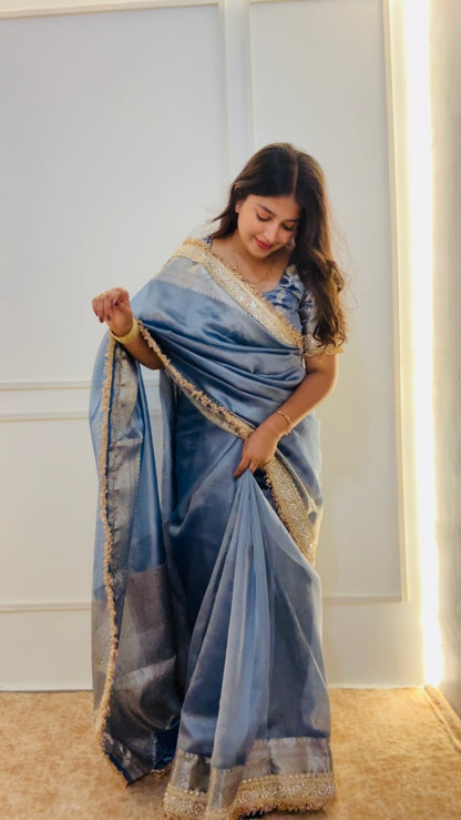 Lavender Blue Banarasi Soft Tissue Silk Saree