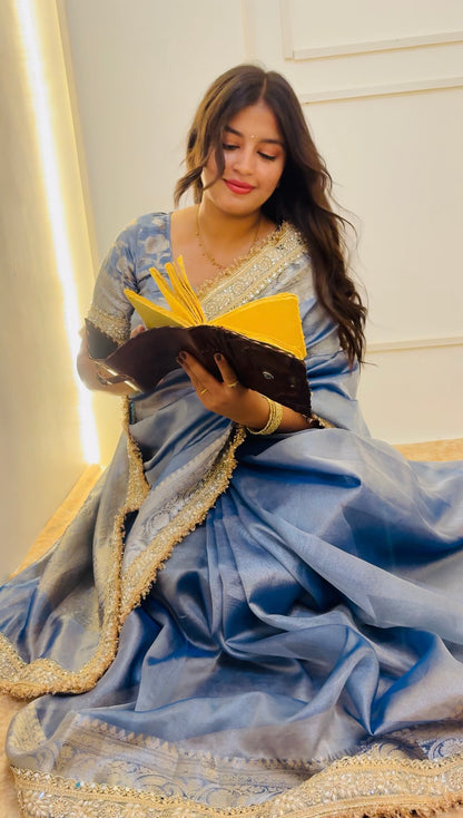 Lavender Blue Banarasi Soft Tissue Silk Saree