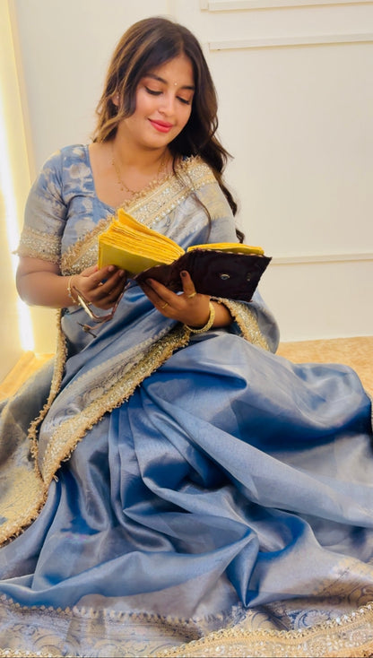 Lavender Blue Banarasi Soft Tissue Silk Saree