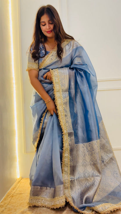 Lavender Blue Banarasi Soft Tissue Silk Saree