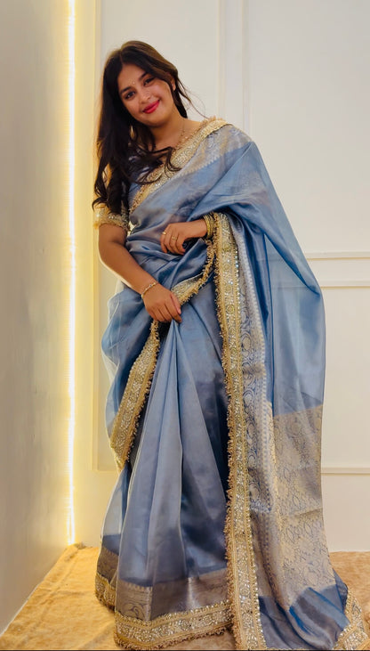 Lavender Blue Banarasi Soft Tissue Silk Saree