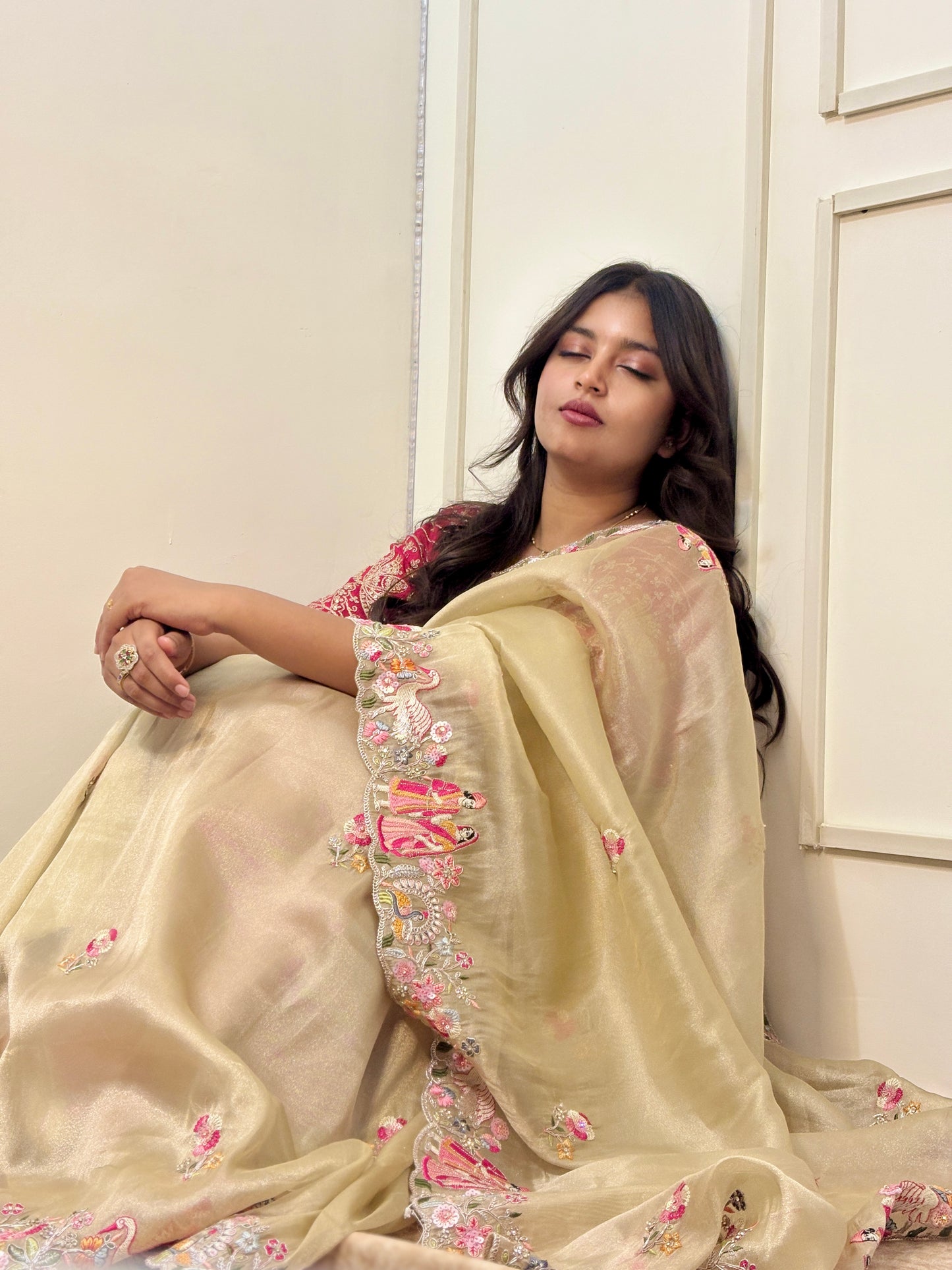 Champagne Gold Organza Sequins Work Saree