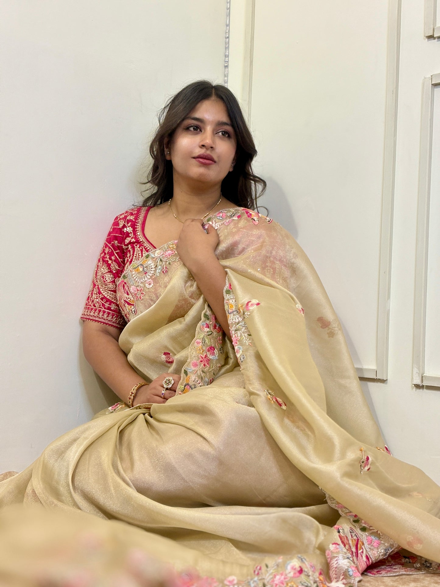 Champagne Gold Organza Sequins Work Saree