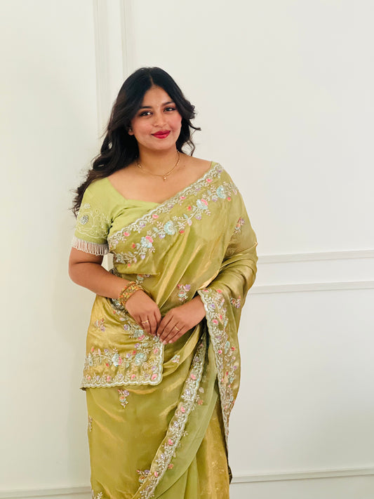 Pista Green Satin Silk Saree