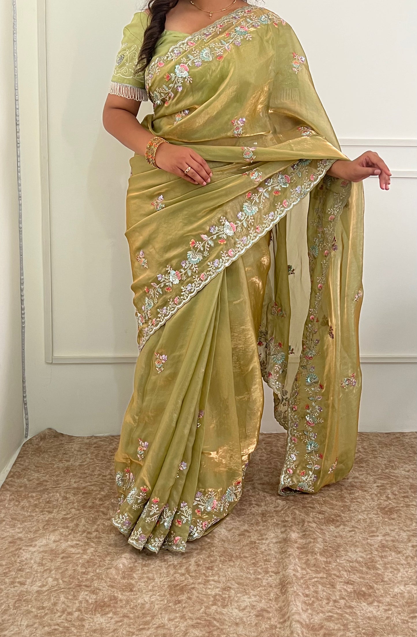 Pista Green Satin Silk Saree