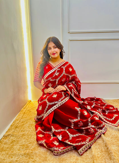 Red Gotta Patti Satin Silk Saree