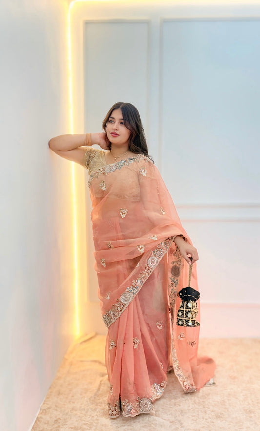 Soft Peach Pink Soft Organza Saree