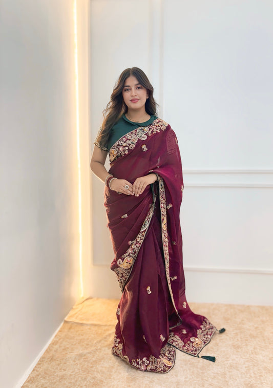 Antique Maroon Satin Silk Saree