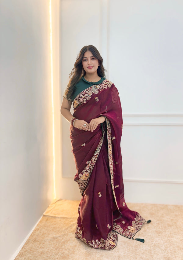Antique Maroon Satin Silk Saree
