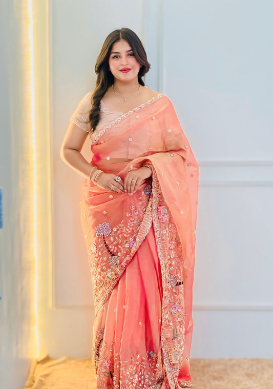 Coral Peach Organza Saree