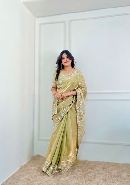 Pista Green Satin Silk Saree