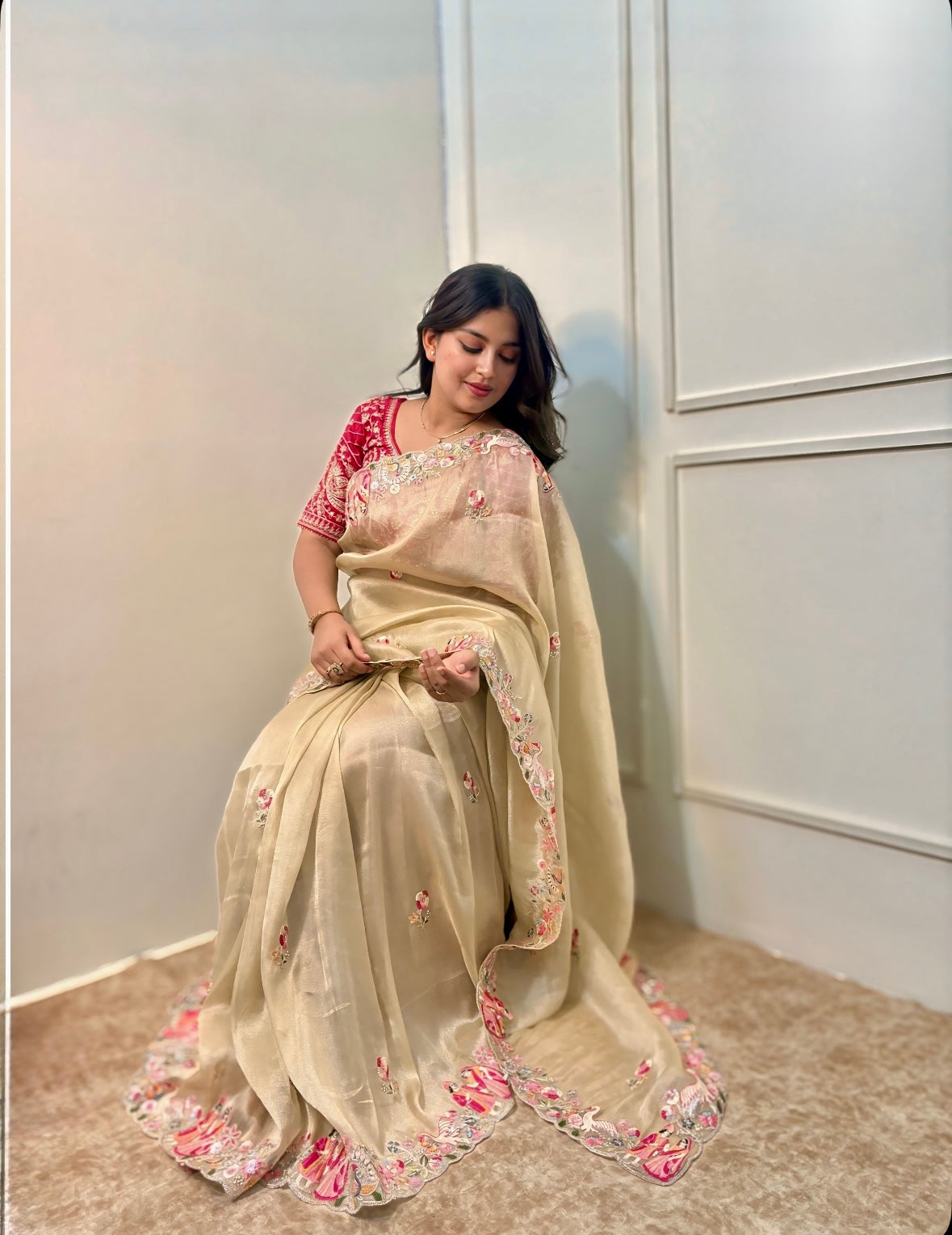 Champagne Gold Organza Sequins Work Saree