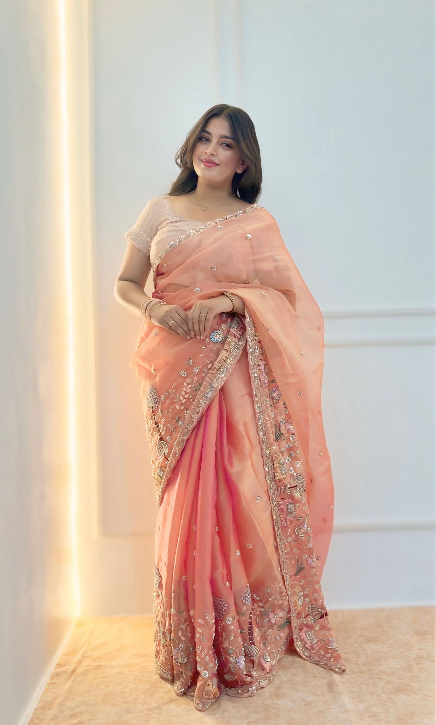 Coral Peach Organza Saree