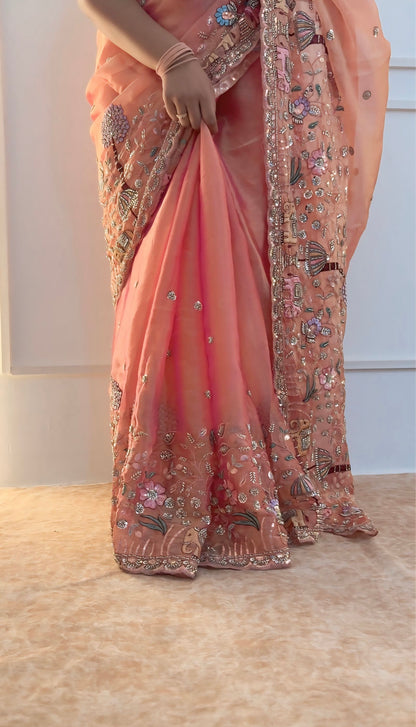 Coral Peach Organza Saree
