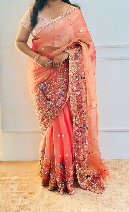 Coral Peach Organza Saree