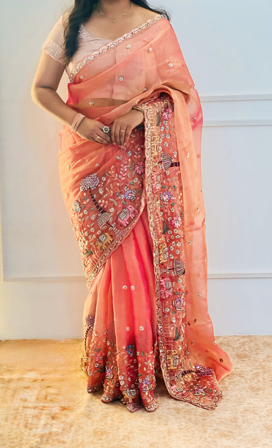 Coral Peach Organza Saree