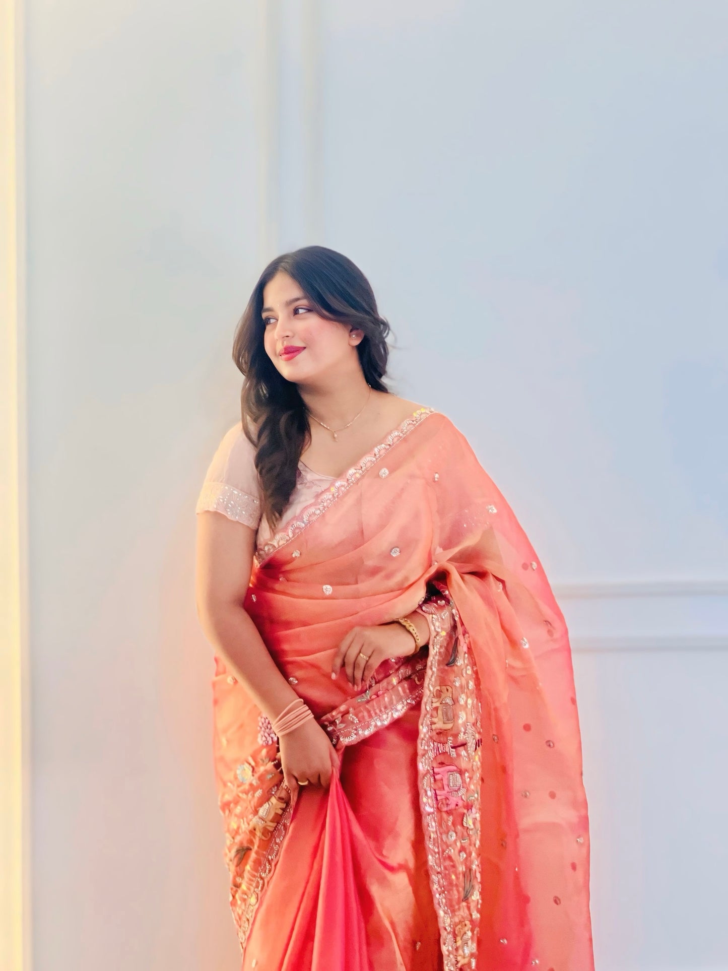 Coral Peach Organza Saree