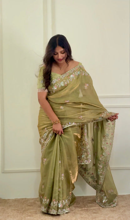 Pista Green Satin Silk Saree