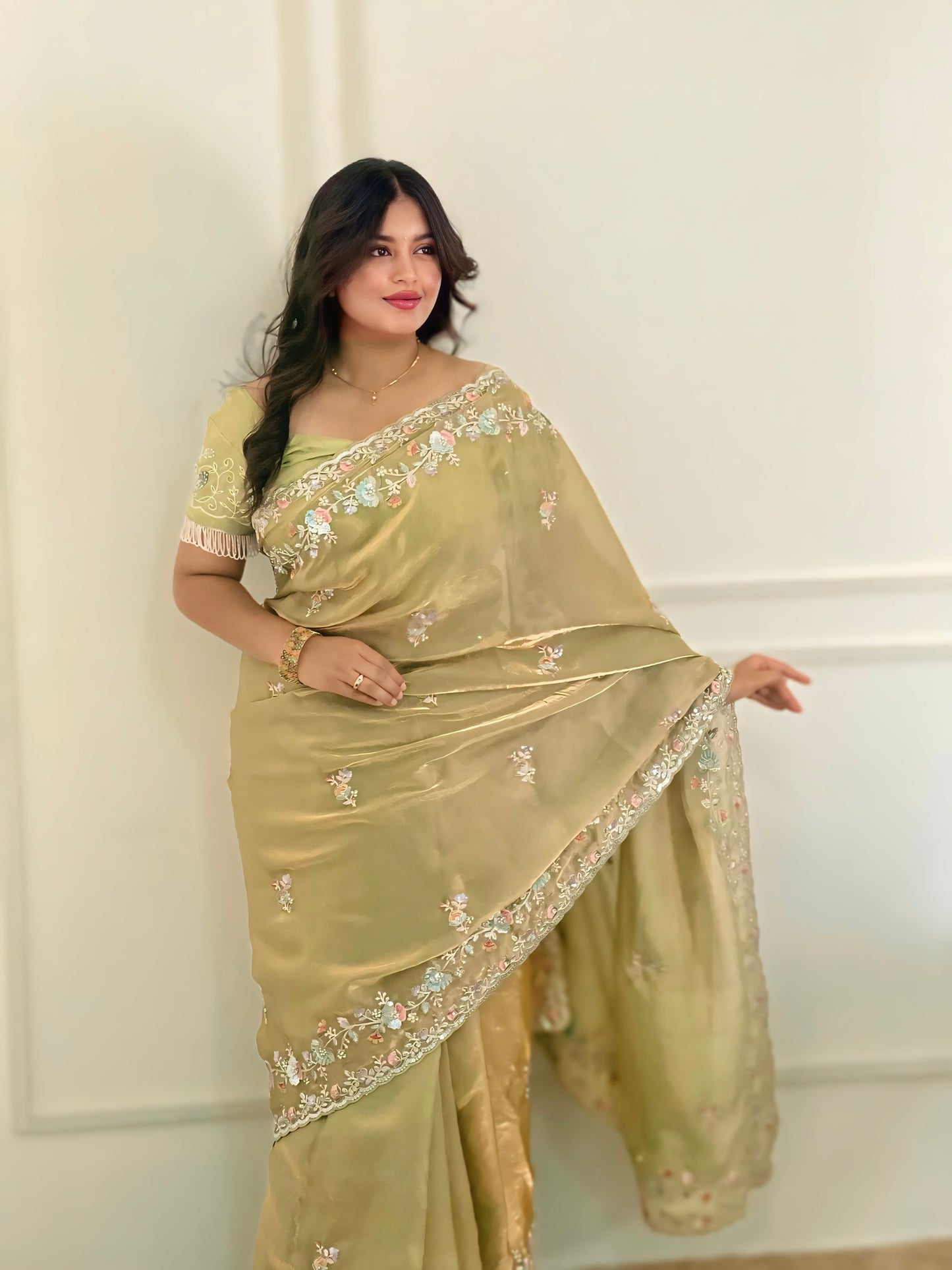 Pista Green Satin Silk Saree