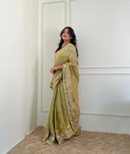 Pista Green Satin Silk Saree