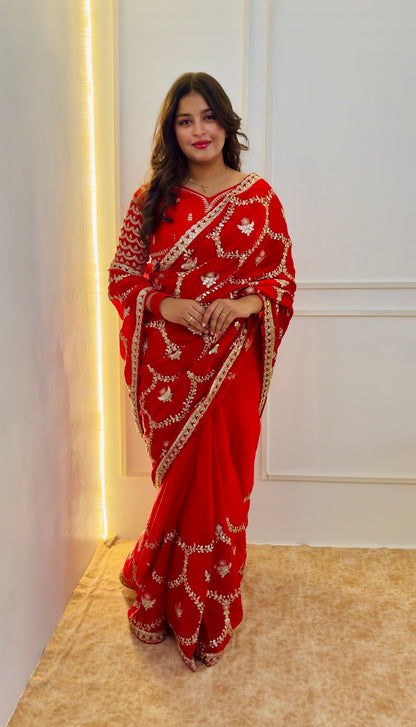 Red Gotta Patti Satin Silk Saree