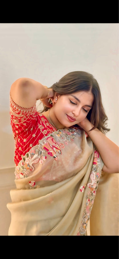 Champagne Gold Organza Sequins Work Saree
