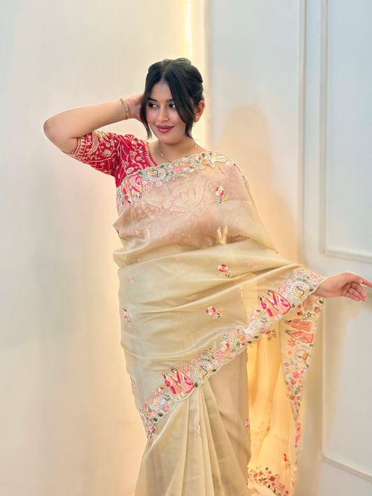 Champagne Gold Organza Sequins Work Saree
