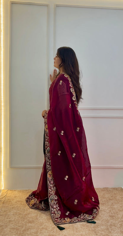 Antique Maroon Satin Silk Saree
