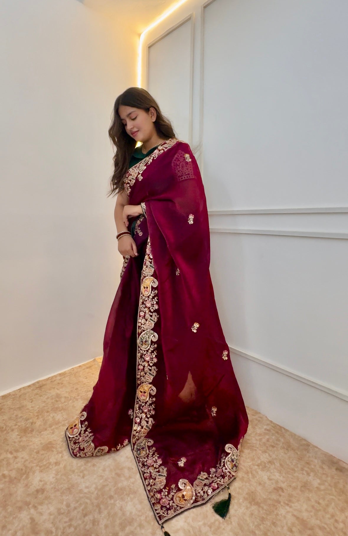 Antique Maroon Satin Silk Saree
