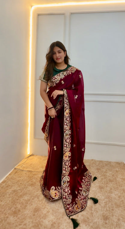 Antique Maroon Satin Silk Saree