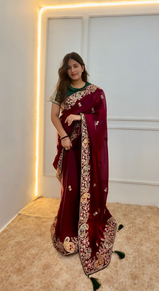 Antique Maroon Satin Silk Saree