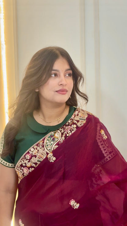 Antique Maroon Satin Silk Saree