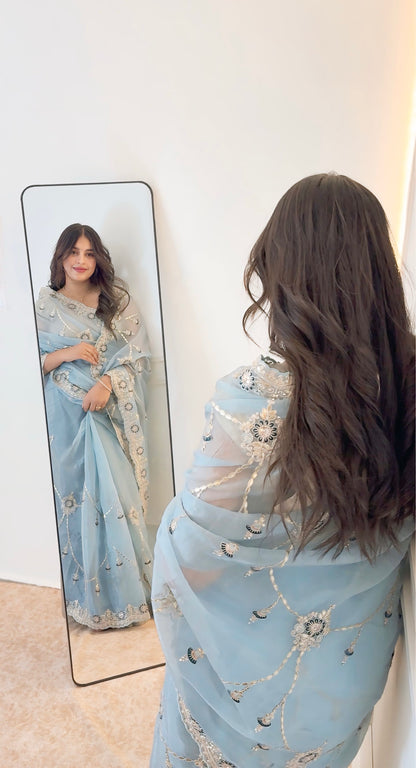 Ice Blue Gotta Patti silk saree