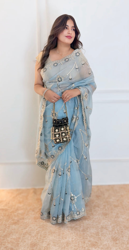 Ice Blue Gotta Patti silk saree