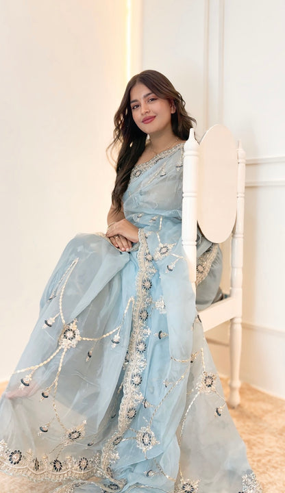 Ice Blue Gotta Patti silk saree