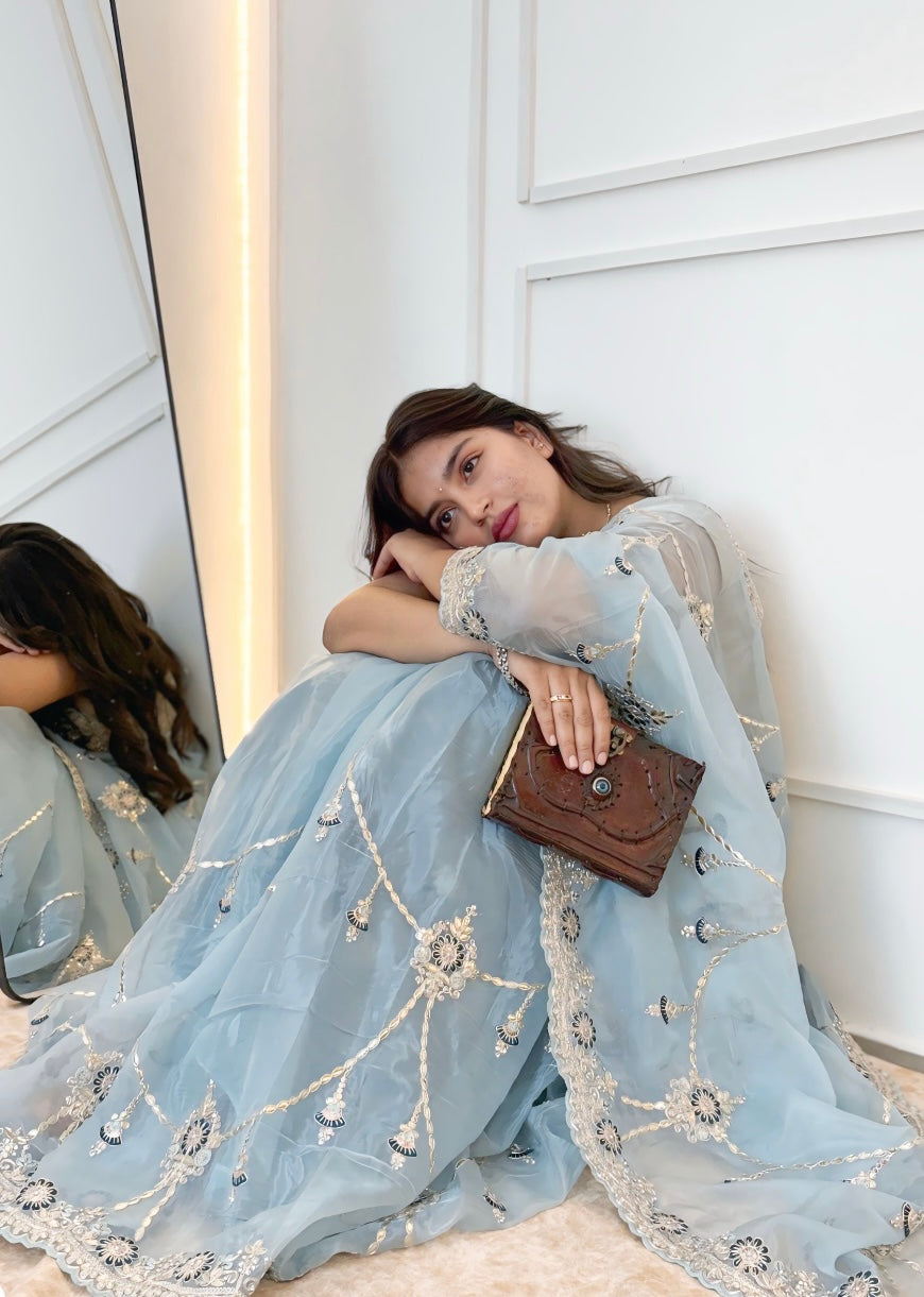 Ice Blue Gotta Patti silk saree