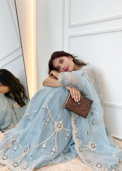 Ice Blue Gotta Patti silk saree