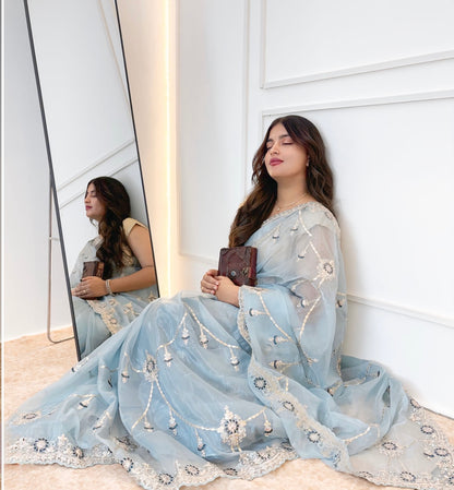 Ice Blue Gotta Patti silk saree