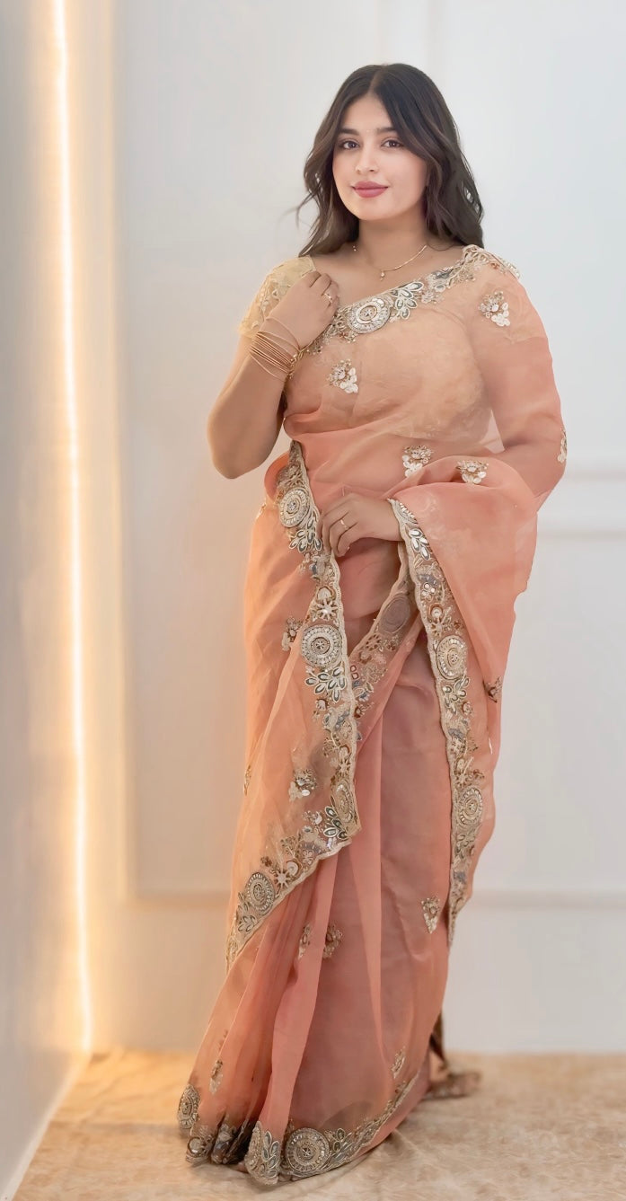 Soft Peach Pink Soft Organza Saree