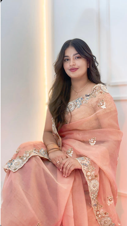 Soft Peach Pink Soft Organza Saree