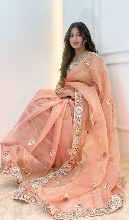 Soft Peach Pink Soft Organza Saree