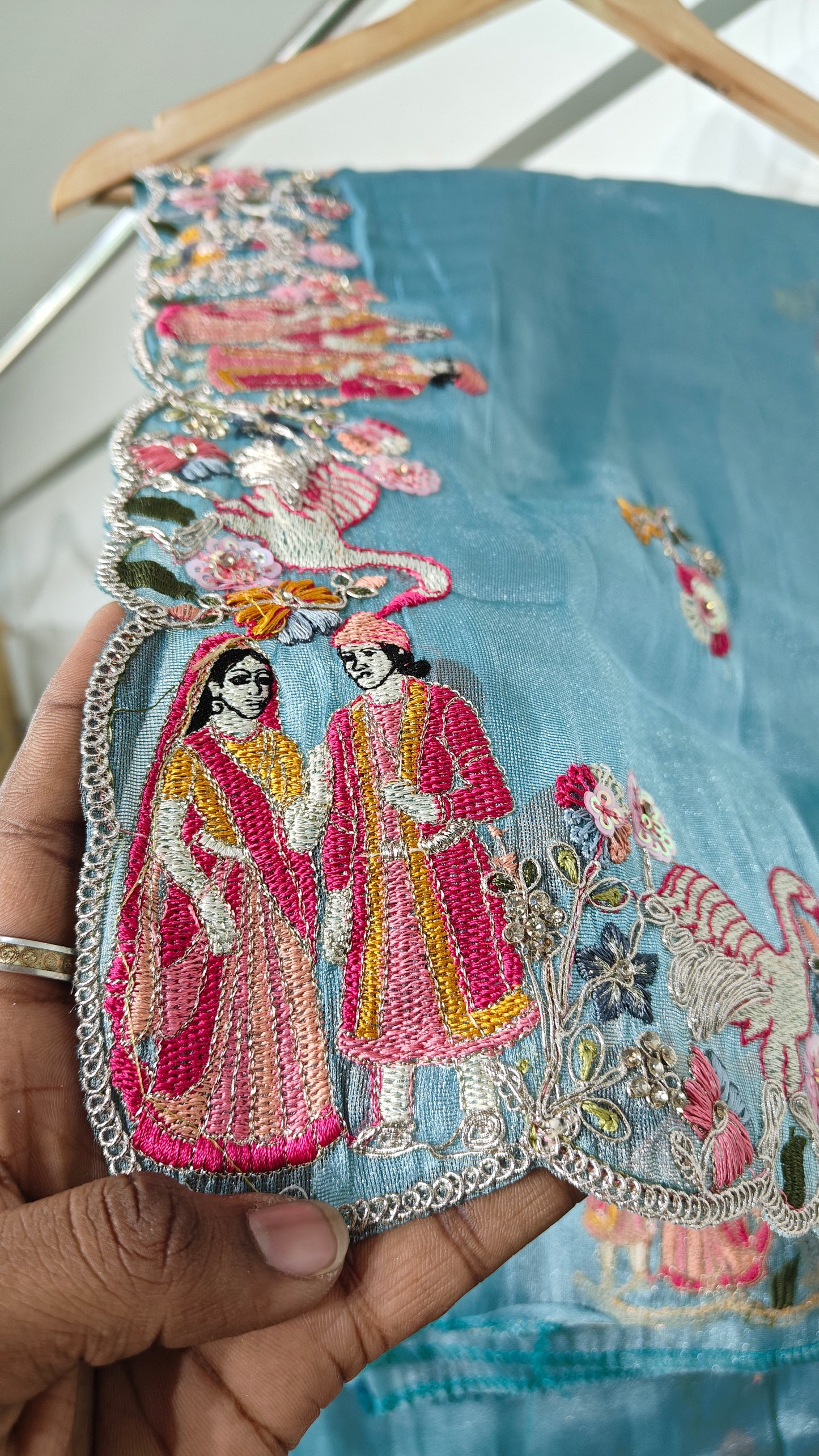 Ice Blue Organza Sequins Dulha-Dulhan Work Saree