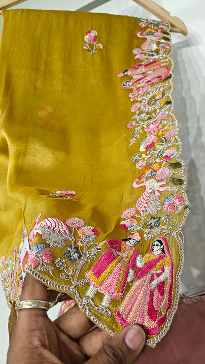 Golden Yellow Organza Sequins Dulha-Dulhan Work Saree